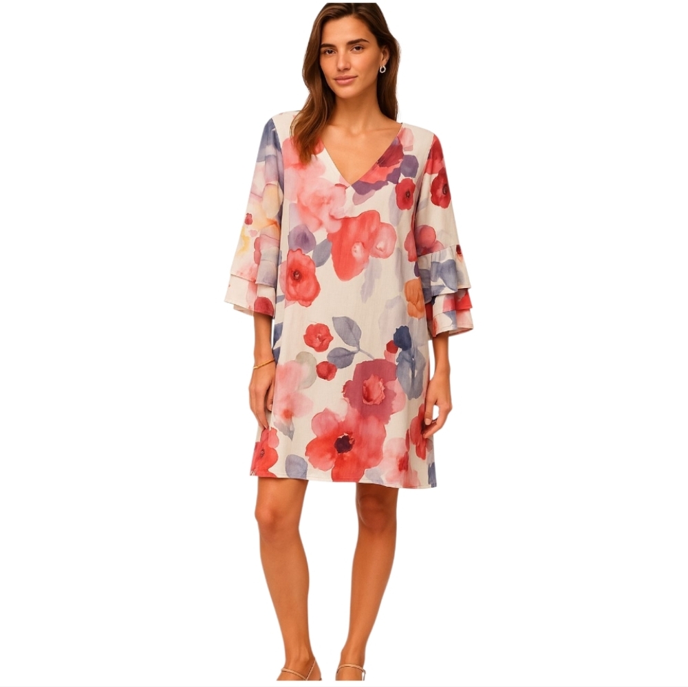 NORACORA Watercolor Floral Print Ruffled Sleeve V Neck Mini Dress Size XXL NWT